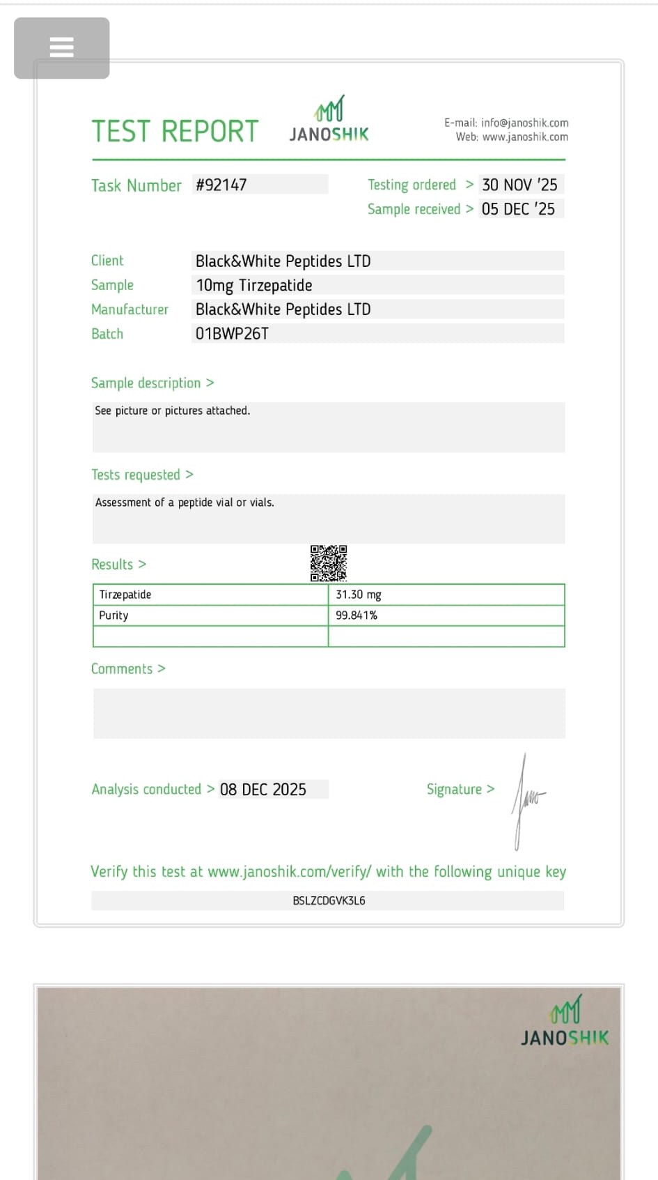 Janoshik Report - Tirzepatide 10mg